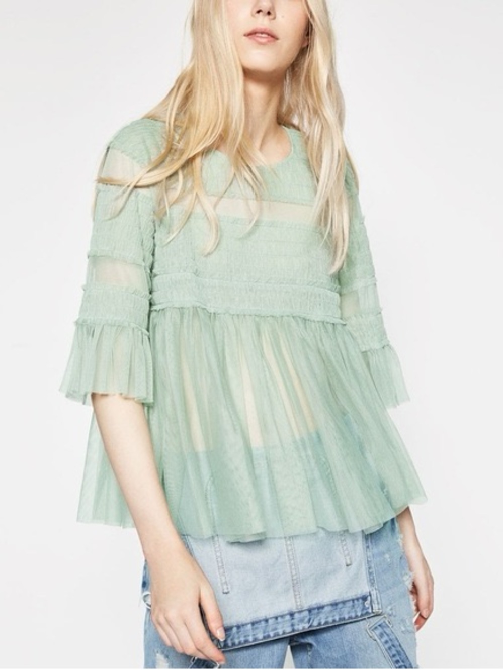 Zara Women’s Sheer Tulle Mint Sea foam Green Ruffled Peplum Babydoll Top